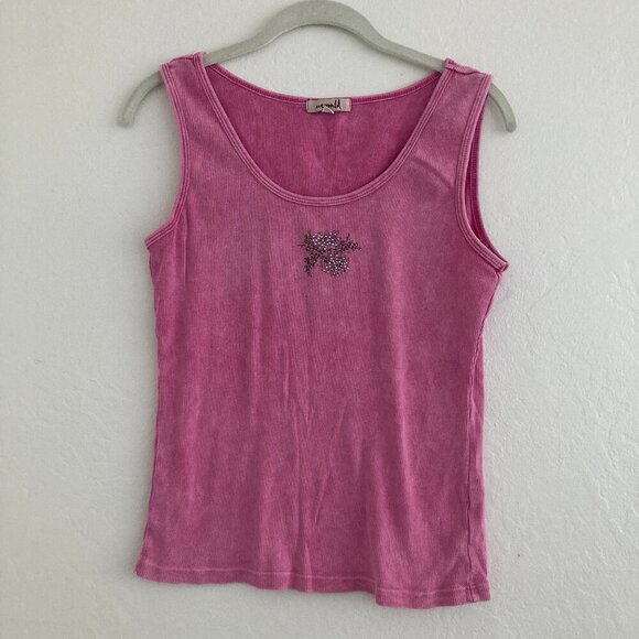 Vintage Oneworld Pink Y2K Ribbed Tank Top Graphic Sparkle Floral Print 90s XL - Picture 1 of 8